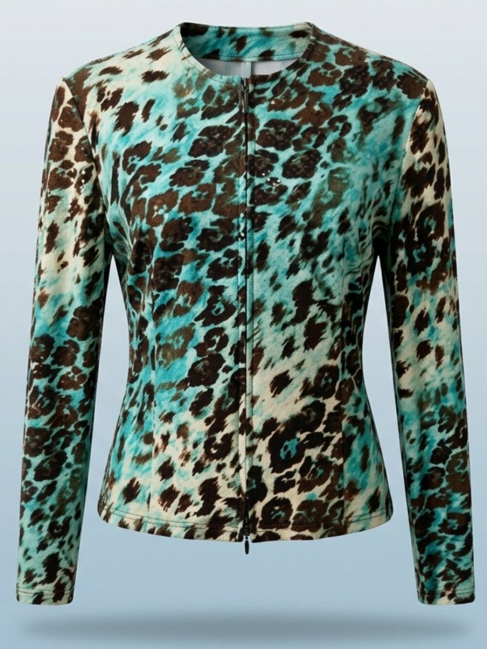Joseph Ribkoff Aqua Leopard Print Paillette Zip Blazer Jacket | Size 12 - Picture 1 of 9